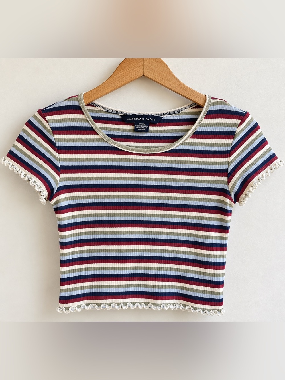 American Eagle Striped Ribbed Baby Tee S Y2K Lettuce Trim 2000s Preppy